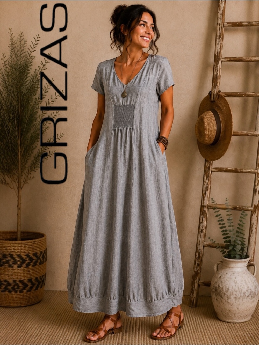 GRIZAS 100% Linen Gray Maxi Dress Layered Lagenlook Side Pockets Stretch Medium